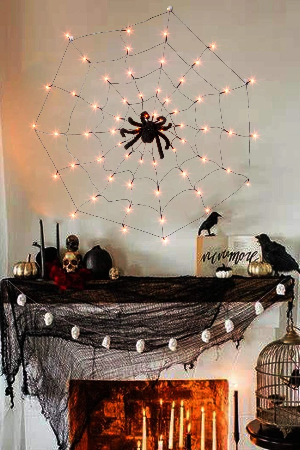 LED Halloween Black Spider Web Light with 70 LED Waterproof Orange Net Lights